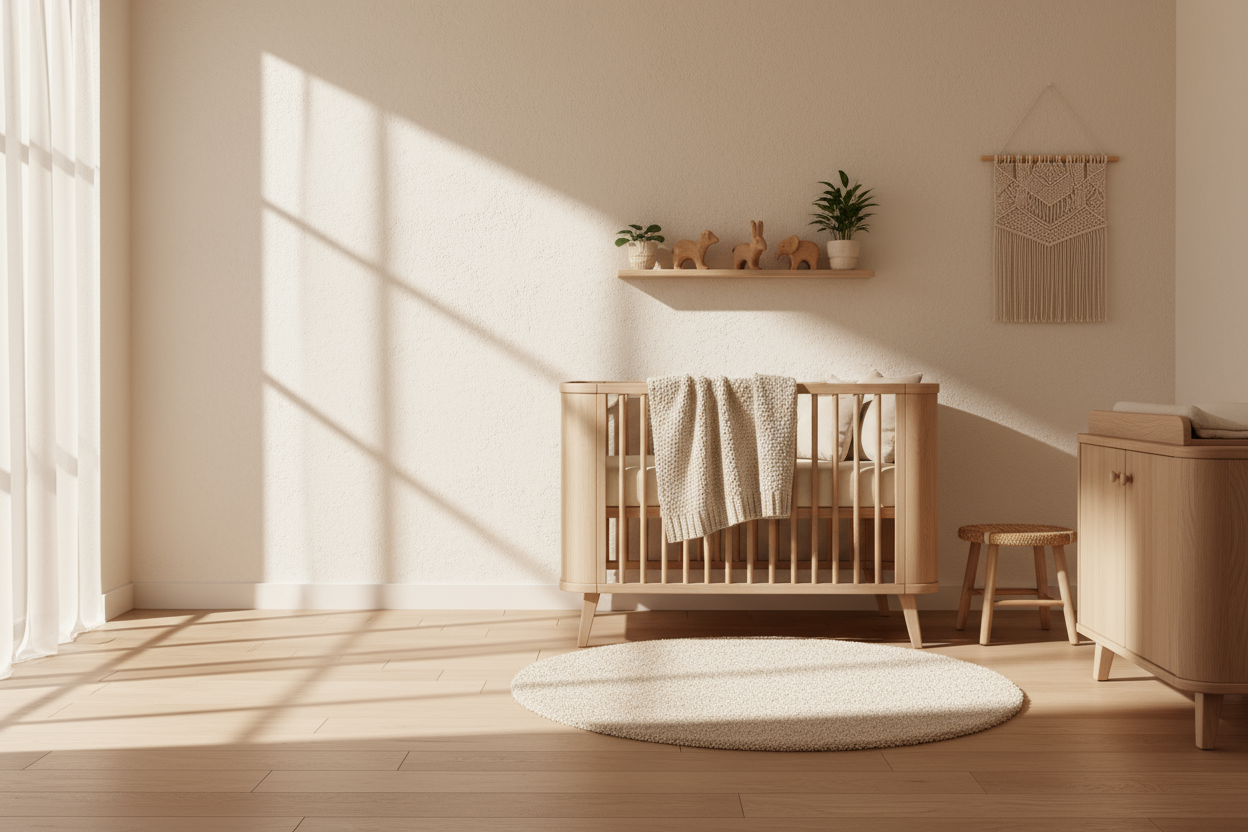 A beautifully styled children’s interior scene in soft, neutral tones. Scandinavian-inspired design featuring natural wooden furniture and toys. Warm lighting, minimalistic aesthetic. Use for webshop category backgrounds. No text overlay, clear space for layout. Focus on one of the following themes: [kleding | speelgoed | babykamer | accessoires | verzorging | decoratie]