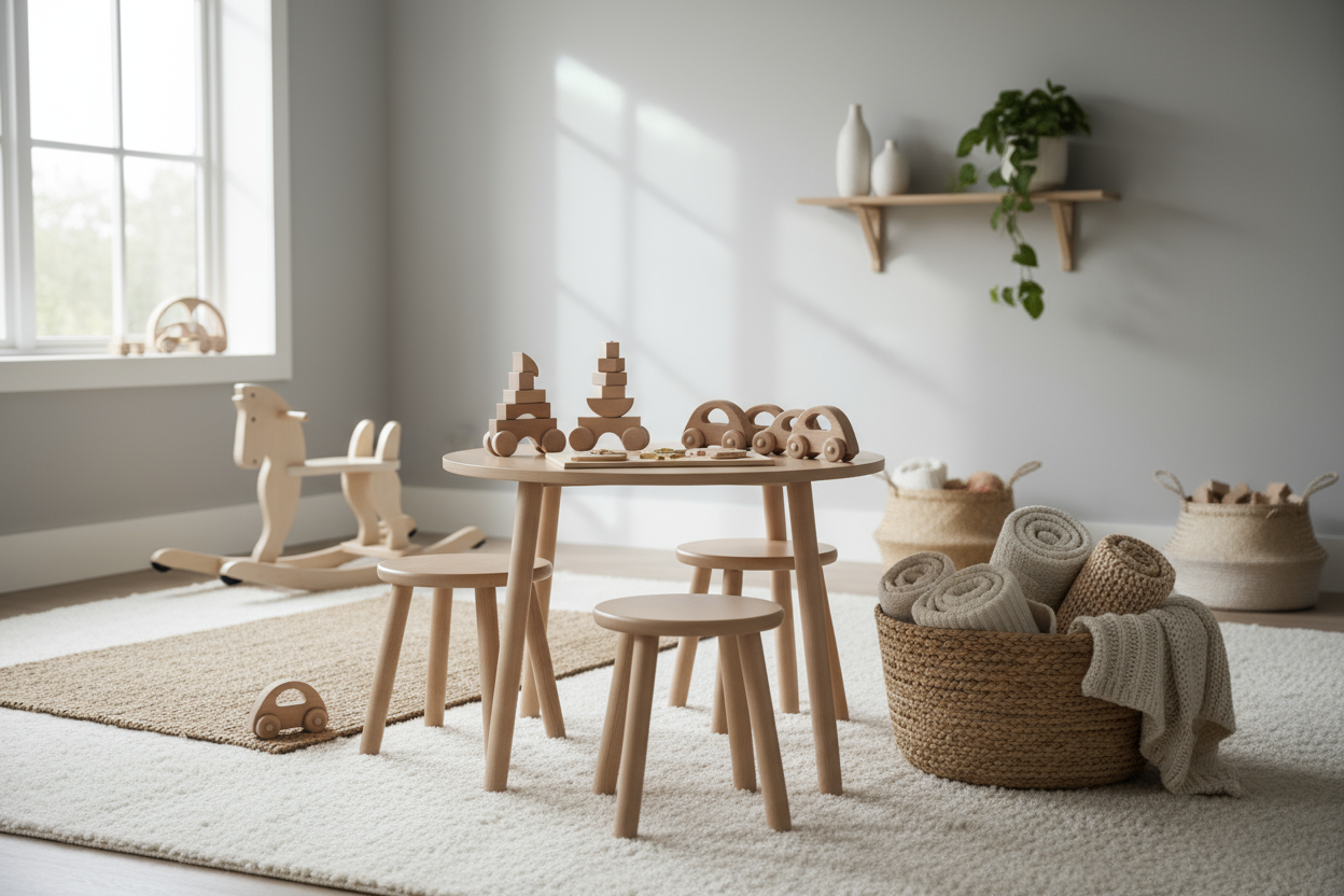 A beautifully styled children’s playroom in neutral tones, with wooden toys, soft textures, and a cozy Scandinavian design. Ideal as a category background for a webshop. No text, clear composition.
