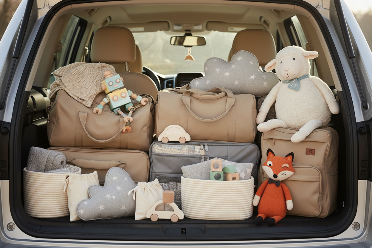 a car ride  with bags and stuff voor famalys, neutral tones with playful, whimsical or quirky elements. Scandinavian-inspired interior with unexpected or fun toys or decor items that spark curiosity or humor. Clean background, minimal styling, cozy light. Perfect for a webshop category image. No text.         