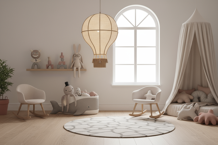 Aesthetic children's room scene in soft, neutral tones with playful, whimsical or quirky elements. Scandinavian-inspired interior with unexpected or fun toys or decor items that spark curiosity or humor. Clean background, minimal styling, cozy light. Perfect for a webshop category image. No text.