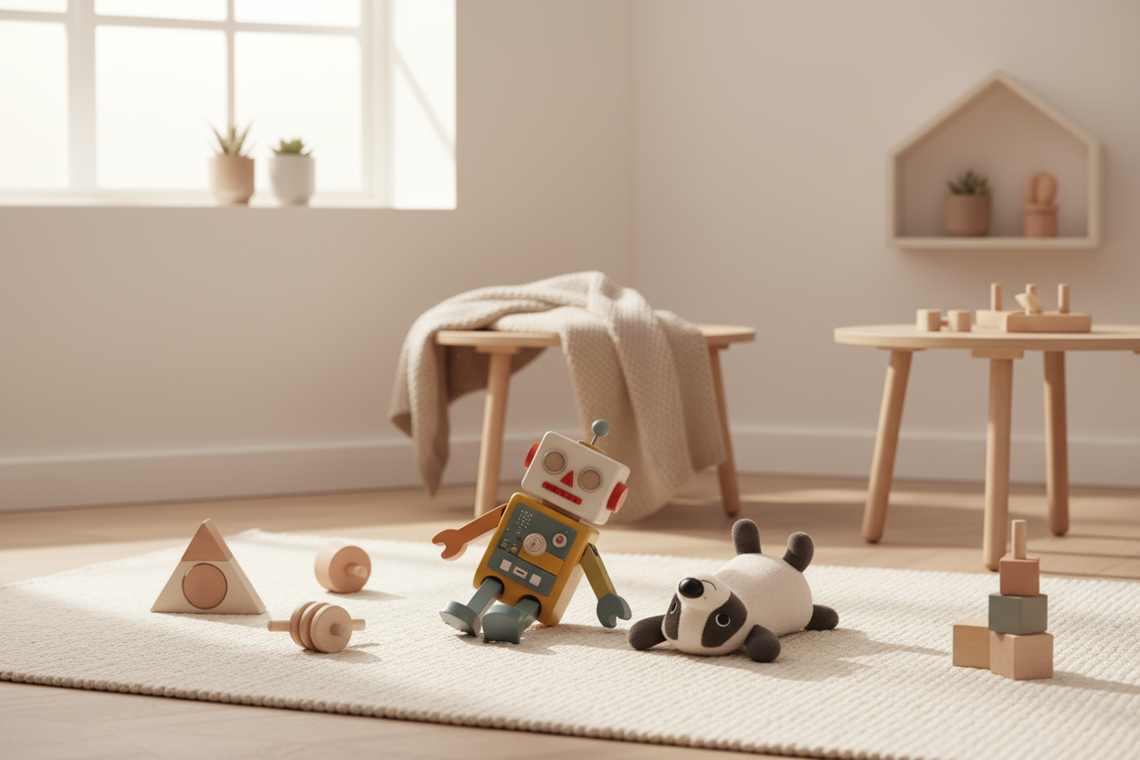 Aesthetic children's room scene in soft, neutral tones with playful, whimsical or quirky elements. Scandinavian-inspired interior with unexpected or fun toys or decor items that spark curiosity or humor. Clean background, minimal styling, cozy light. Perfect for a webshop category image. No text. make it funny whit a robot ect